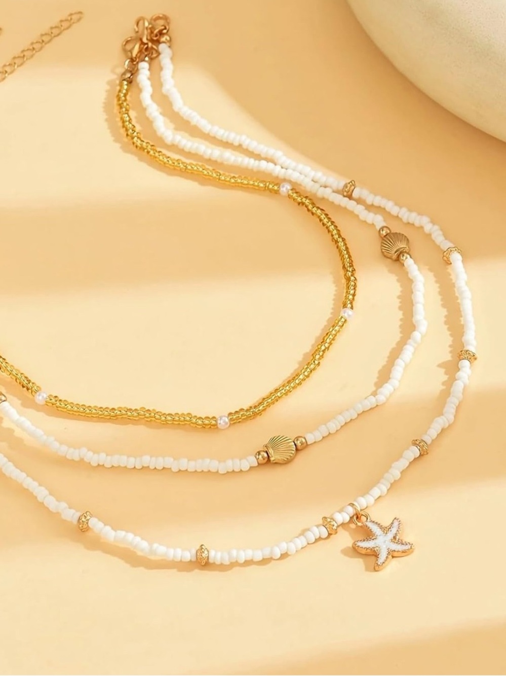 Trendy Summer Gold & White Beaded Layered Necklace Set with Starfish Charm - Picture 3 of 4